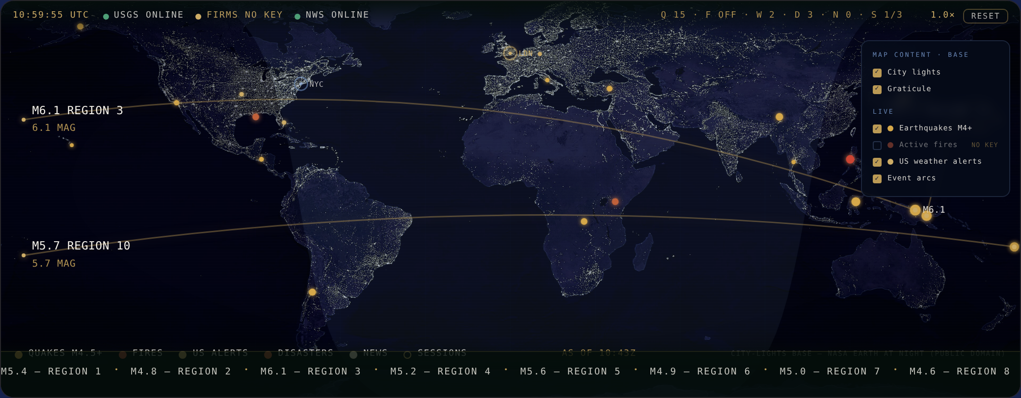 The Situation Room — a night-earth world map with live event layers and a signal feed of congressional trades.